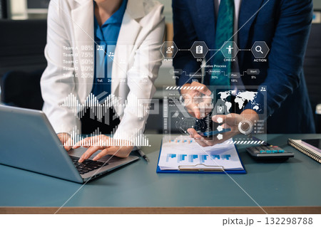 Project manager working and update tasks with milestones progress planning and professional investor working new start up project in the office. 132298788