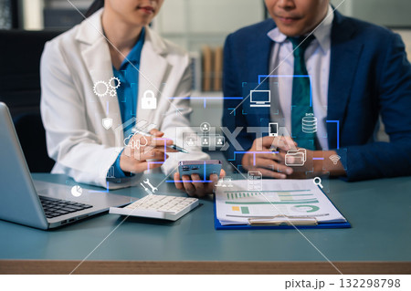 Hand touching secure access service edge icon on smartphone virtual screen background, password, network, framework and support technology in office. secure access service edge concept. 132298798