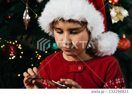 Child Wearing Santa Hat Eating Gingerbread Cookies by Christmas Tree festive Holiday Moment Child Wearing Santa Hat Eating Gingerbread Cookies by Christmas Tree festive Holiday Moment 132298821