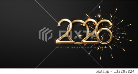 2026 New Year golden fireworks luxury background. Festive Christmas Holiday Greeting Card Design 132298824