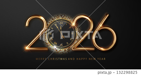 2026 Happy New Year countdown with golden clock and glitter. Shiny sparkles on dark background. Celebration banner or greeting card 132298825