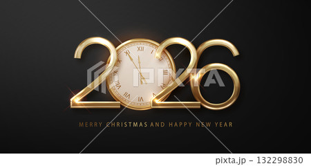 2026 New Year countdown design with gold sparkles and vintage clock face. Shimmering glitter lights on dark background. 132298830