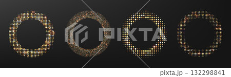 Golden halftone circle. Ring frames. Luxury glitter dots glowing round pattern isolated design. 132298841