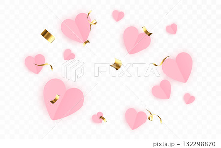 Pink Hearts and gold confetti isolated on transparent background. Valentine romantic decoration design template. Pink Hearts and gold confetti isolated on transparent background. Valentine romantic decoration design template. 132298870