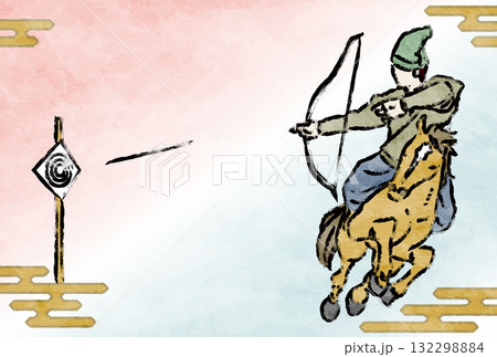 2026年午年の和風年賀状、筆書きの流鏑馬とエ霞 132298884