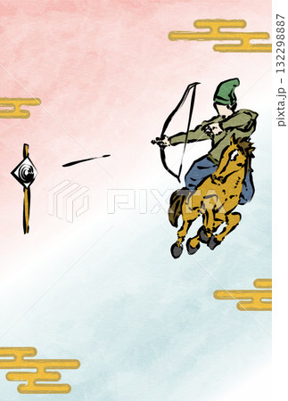 2026年午年の和風年賀状、筆書きの流鏑馬とエ霞 132298887