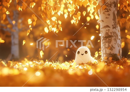 Cute ghost sitting under a tree with autumn leaves falling. 132298954