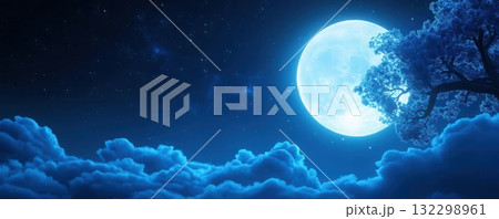 Full moon shining brightly in a night sky with clouds and stars 132298961