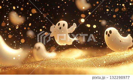 Cute white ghosts floating in golden glitter, perfect for Halloween decorations. 132298977