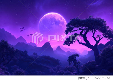Purple night sky with full moon, bats, and trees. Purple night sky with full moon, bats, and trees. 132298978