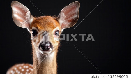 Close-up portrait of a cute fawn with big ears and curious eyes. 132299006