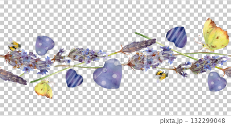 Single lavender lavandula flower stalks, striped and dotted hearts, flying butterfly. Isolated seamless banner illustration hand drawn in watercolor. Soft natural branding, garden decor, summer gifts. 132299048