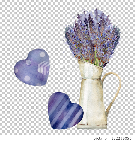 Wild lavender bouquet in vintage enamel jug, floral lavandula bunch, two heart shapes, striped spotted. Isolated illustration hand drawn in watercolor. Cottage art, eco tag, Provence Valentine gifts. 132299050