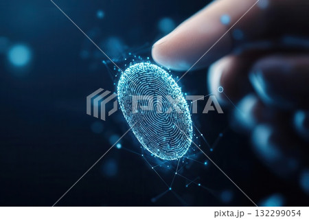 A fingertip hovers over a glowing digital fingerprint, representing biometric security. 132299054