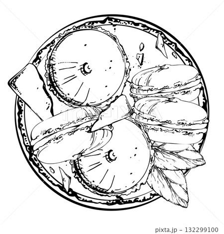 Stacked macarons with chocolate bar fragments, cocoa-dusted candy dragees, fresh mint on ceramic plate. Isolated hand drawn vector ink illustration. Food festival, recipe e-book visuals, dessert tag. Stacked macarons with chocolate bar fragments, cocoa-dusted candy dragees, fresh mint on ceramic plate. Isolated hand drawn vector ink illustration. Food festival, recipe e-book visuals, dessert tag. 132299100