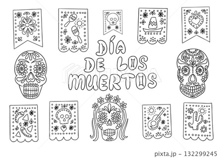 Hand drawn Dia de los Muertos illustration with sugar skulls, papel picado banners Hand drawn Dia de los Muertos illustration with sugar skulls, papel picado banners 132299245