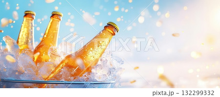 Cold beer bottles in ice bucket, summer refreshment 132299332