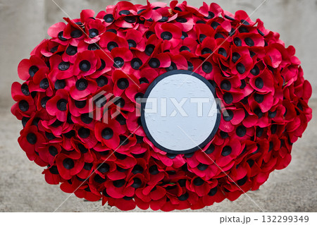 Remembrance Day Poppy Wreaths at Memorial. World War remembrance day. Remembrance Day Poppy Wreaths at Memorial. World War remembrance day. 132299349
