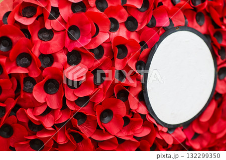 Remembrance Day Poppy Wreaths at Memorial. World War remembrance day. 132299350