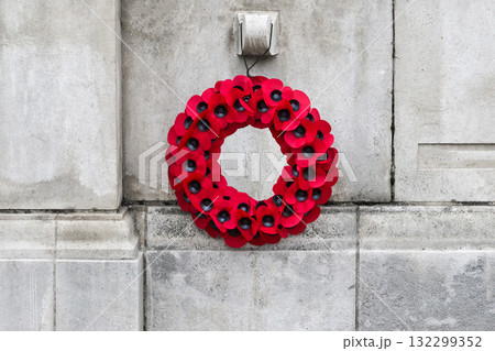 Remembrance Day Poppy Wreath Mounted on Wall. World War remembrance day. Remembrance Day Poppy Wreath Mounted on Wall. World War remembrance day. 132299352
