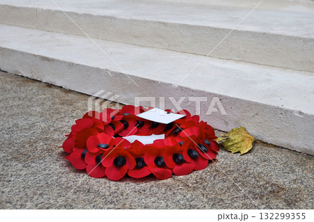 Remembrance Day Poppy Wreaths at Memorial. World War remembrance day. 132299355