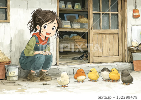 美優シリーズ:鶏舎でヒヨコの世話をする若い女性 美優シリーズ:鶏舎でヒヨコの世話をする若い女性 132299479