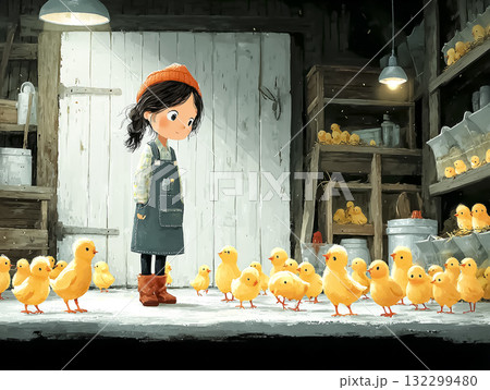美優シリーズ：鶏舎でヒヨコの世話をする若い女性 132299480