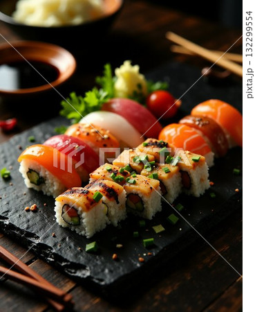sushi rolls on a black plate sushi rolls on a black plate 132299554