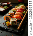 japanese sushi on a black stone background 132299555