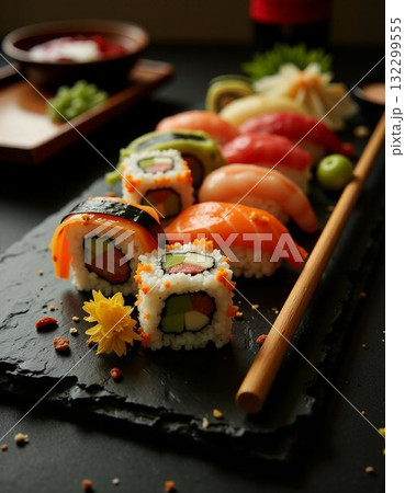 japanese sushi on a black stone background japanese sushi on a black stone background 132299555