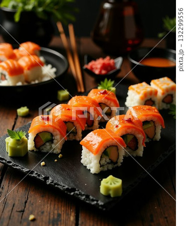 japanese sushi rolls on a black plate japanese sushi rolls on a black plate 132299556
