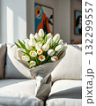 white tulips on bed 132299557
