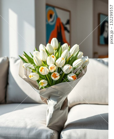 white tulips on bed white tulips on bed 132299557