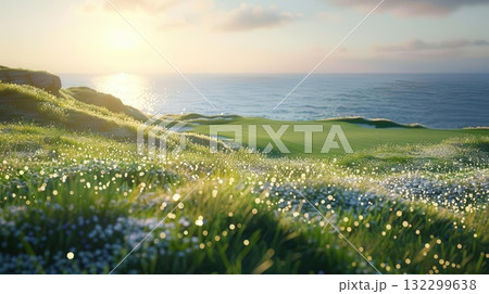 Tranquil coastal landscape with a field of wildflowers bathed in golden sunlight. Tranquil coastal landscape with a field of wildflowers bathed in golden sunlight. 132299638