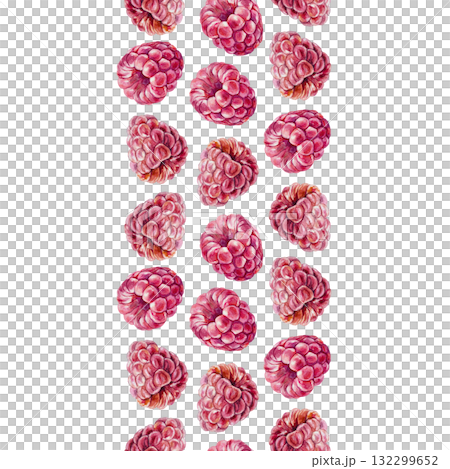Raspberry seamless border, vertical. Hand drawn watercolor botanical illustration of ripe berries. Vibrant clip art for juice, jam and candy labels. 132299652