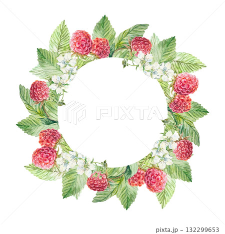 Raspberry wreath of ripe berries, green leaves and white flowers. Hand drawn watercolor illustration, isolated. Bright clip art for postcards, juice, jam and tea labels. 132299653