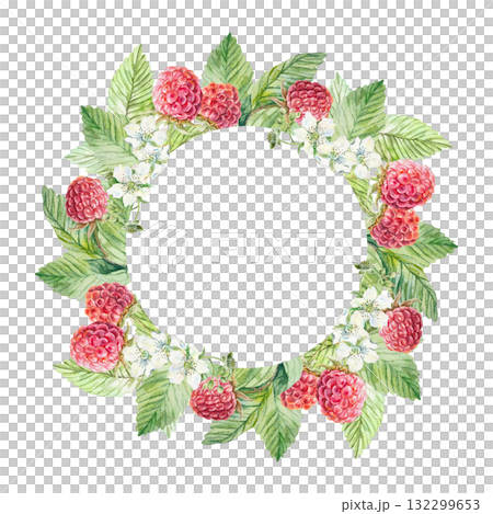 Raspberry wreath of ripe berries, green leaves and white flowers. Hand drawn watercolor illustration, isolated. Bright clip art for postcards, juice, jam and tea labels. 132299653