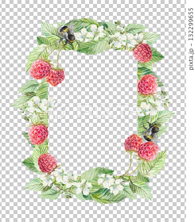 Raspberry twig frame, vertical. Ripe berries, green leaves, white flowers, bumblebees. Hand drawn watercolor illustration, isolated. Bright clip art for greeting cards and labels for juice, jam, tea. 132299655