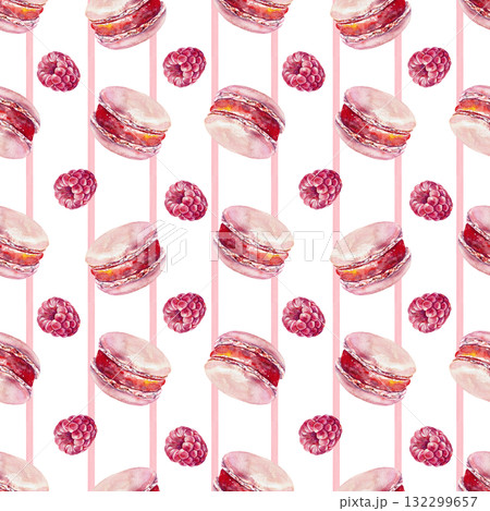 Raspberry and pink macaroon seamless pattern. Hand drawn watercolor illustration of berries and macaroons on a striped background. Vibrant clip art for wrapping paper, textiles and covers. 132299657