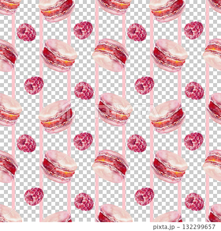 Raspberry and pink macaroon seamless pattern. Hand drawn watercolor illustration of berries and macaroons on a striped background. Vibrant clip art for wrapping paper, textiles and covers. 132299657