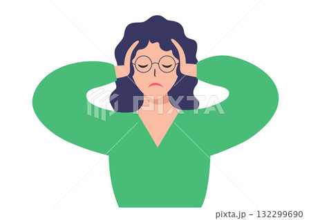 Woman suffering from headache, holding head with hands. 132299690