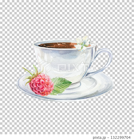 Cup of tea with a raspberry and a green leaf on a saucer. Hand drawn watercolor botanical illustration of ripe berries. Vibrant clip art for postcards, tea labels and menu design. 132299704
