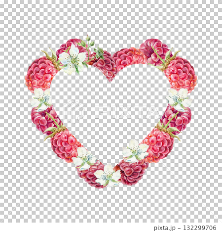 Frame of ripe raspberries and white flowers in the shape of a heart. Hand drawn watercolor illustration, isolated. Bright clip art for postcards, juice, jam and tea labels. 132299706