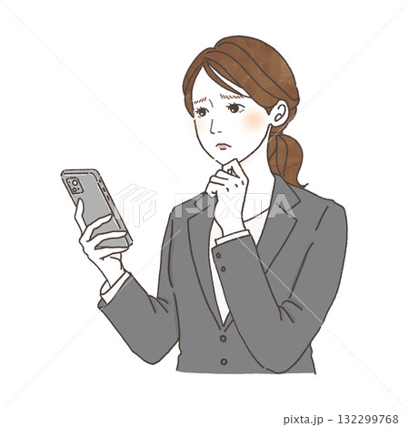 スマートフォンを見て困るスーツ姿の女性のイラスト｜仕事の悩み・ストレス・ビジネスウーマン素材 132299768
