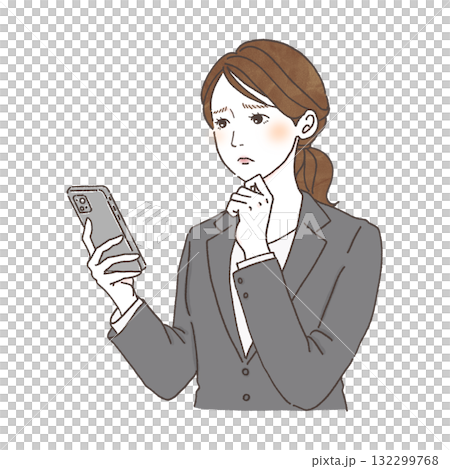 スマートフォンを見て困るスーツ姿の女性のイラスト｜仕事の悩み・ストレス・ビジネスウーマン素材 132299768