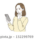 スマートフォンを見て悩む女性のイラスト｜困った表情・考え込む・SNS疲れ・手描き人物素材 132299769