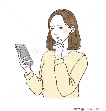 スマートフォンを見て悩む女性のイラスト|困った表情・考え込む・SNS疲れ・手描き人物素材 スマートフォンを見て悩む女性のイラスト|困った表情・考え込む・SNS疲れ・手描き人物素材 132299769
