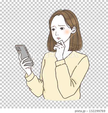 一位女士看著智慧型手機並擔心的插圖 | 困擾的表情,陷入沉思,厭倦社交媒體,手繪人物素材 一位女士看著智慧型手機並擔心的插圖 | 困擾的表情,陷入沉思,厭倦社交媒體,手繪人物素材 132299769