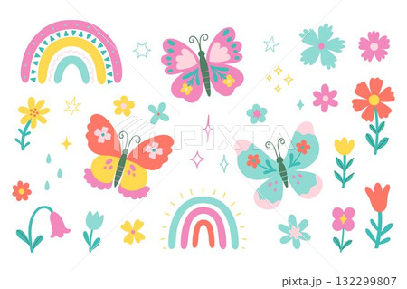 Butterflies, flowers, and rainbows a simple colorful set. Vector graphics 132299807