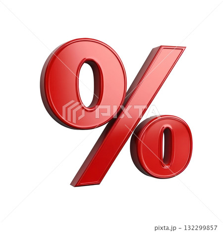Bold red percentage symbol displayed in isolated format, emphasizing numerical data or discounts in promotions 132299857